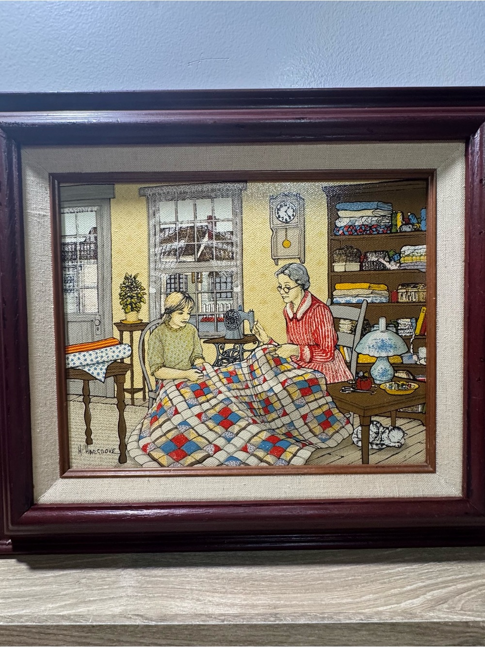 Vintage Quilting Scene Wall Art - Multicolor with Brown Frame